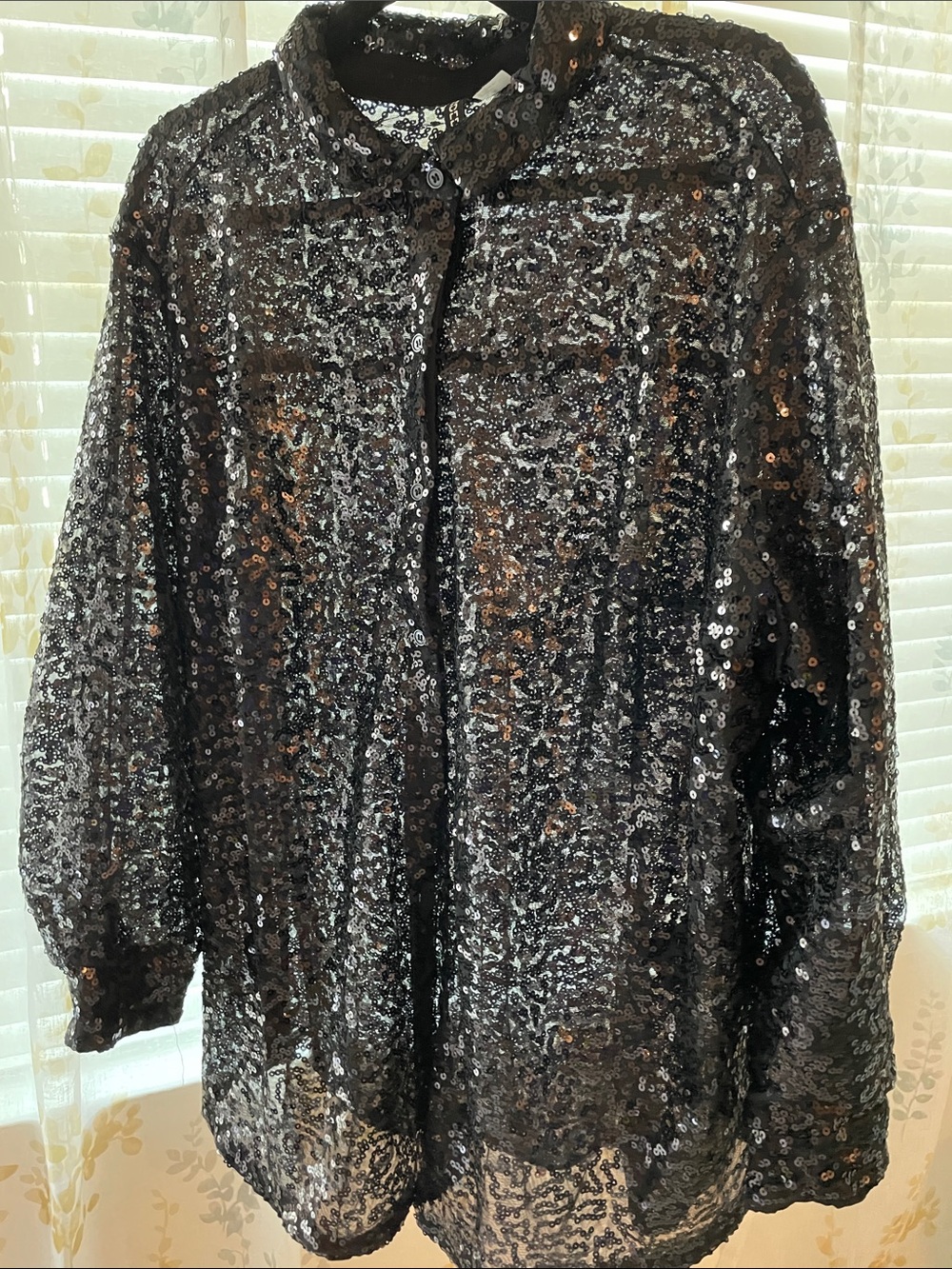 Black Sequin Button Up long Sleeve Top size XL